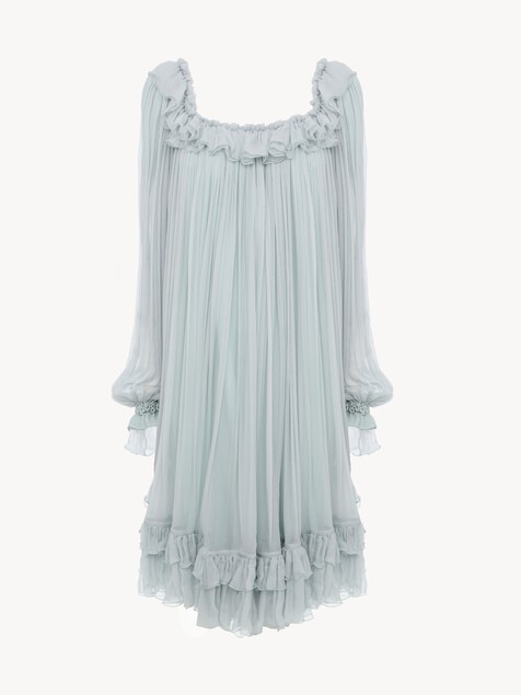Gathered mini dress in silk mousseline