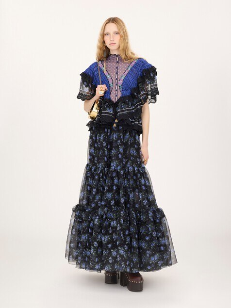 Ruffled long dress in silk mousseline & lace
