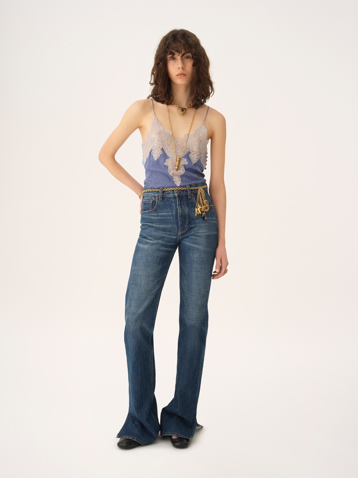 Camisole top in silk jacquard & lace - 3