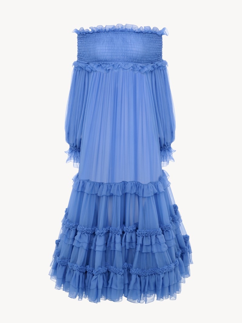 Off-the-shoulder long dress in silk mousseline by Chloé