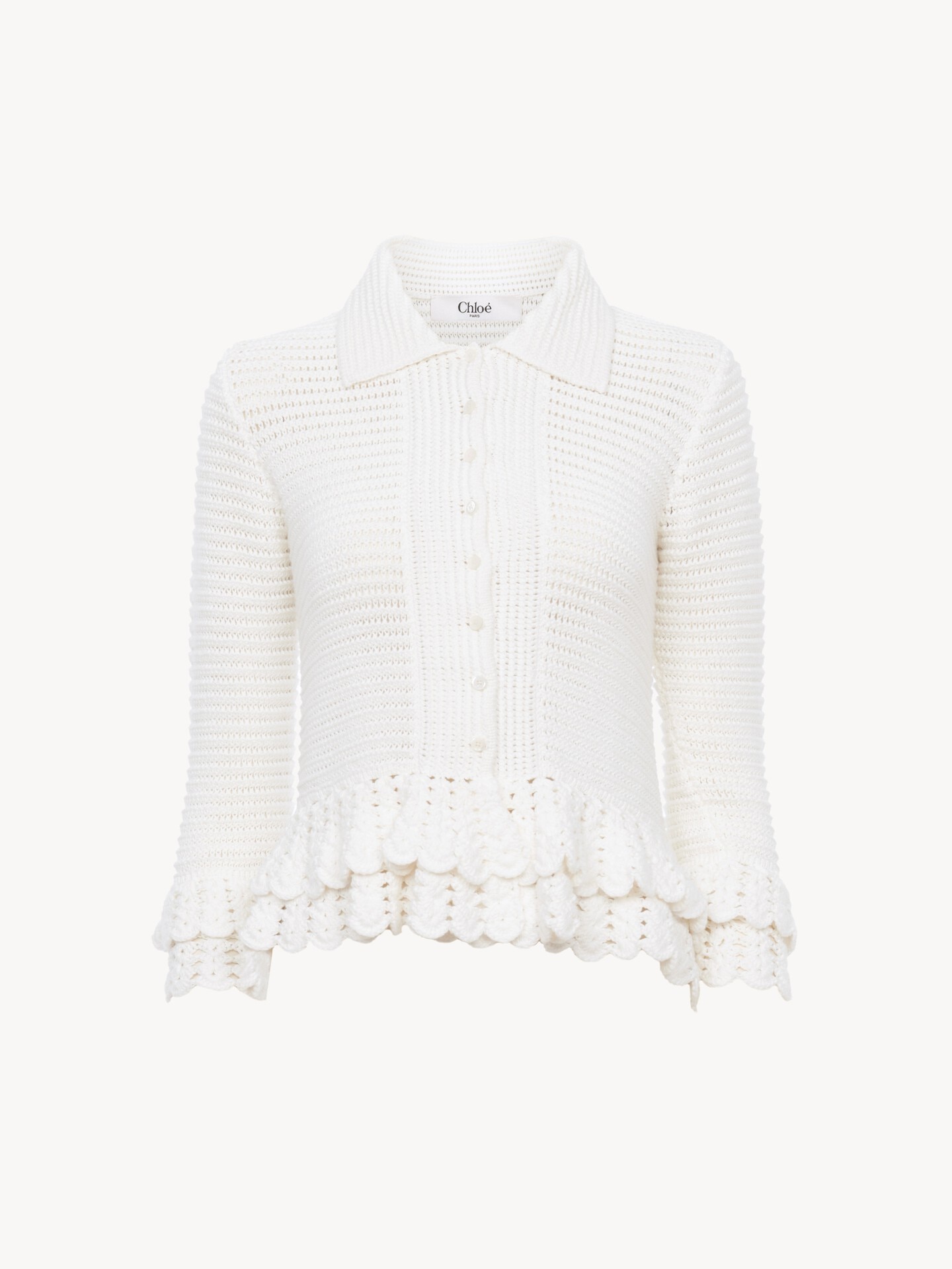 Fitted ruffled cardigan in crochet knit - 1