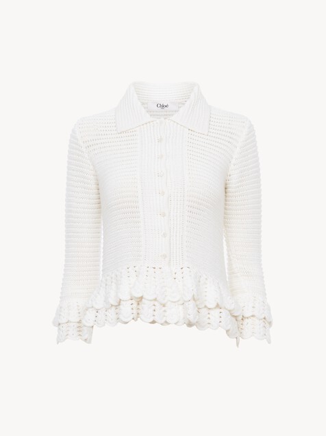 Fitted ruffled cardigan in crochet knit
