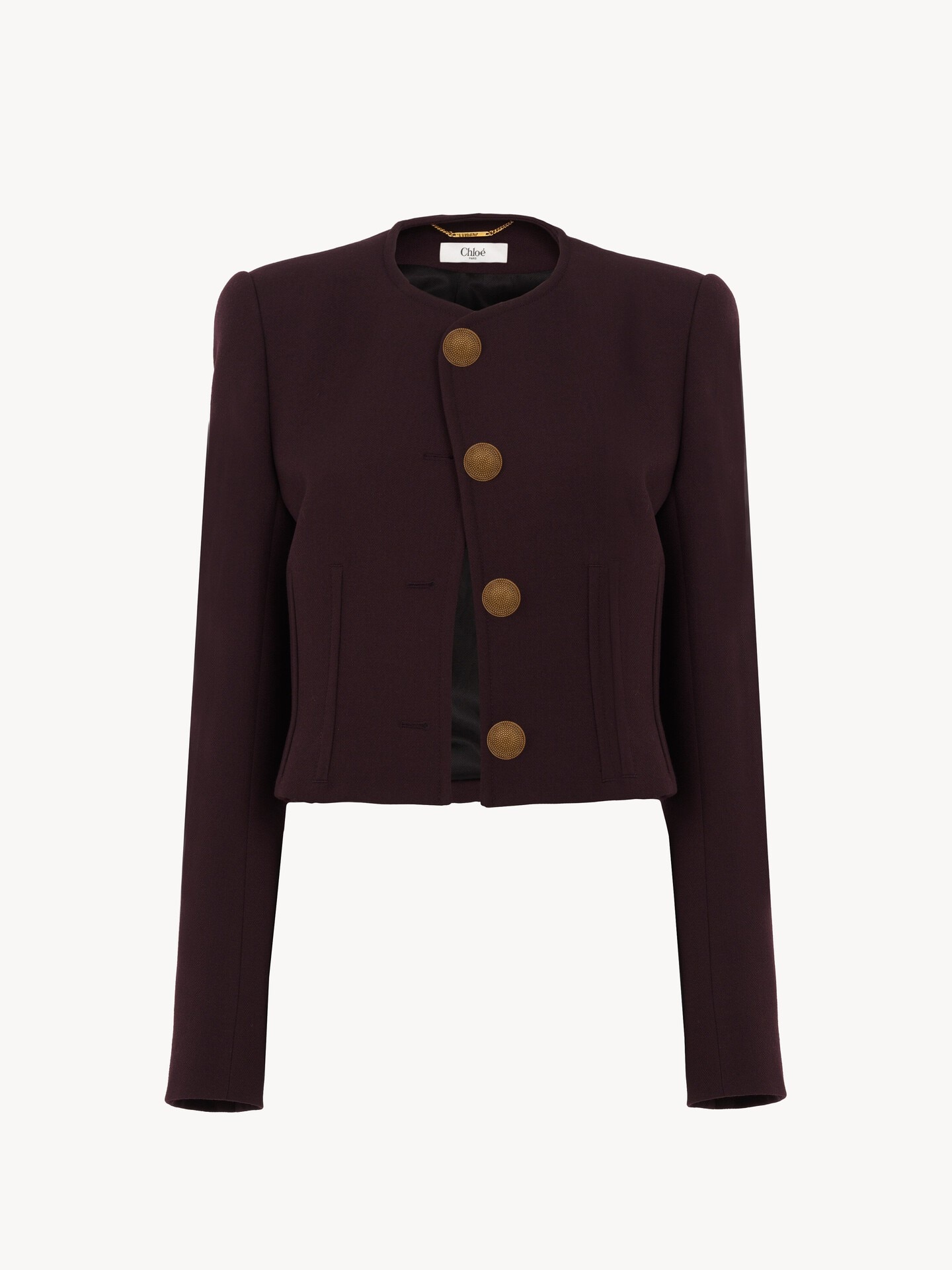 Chaqueta cropped sin cuello de crep&eacute; de lana - 2