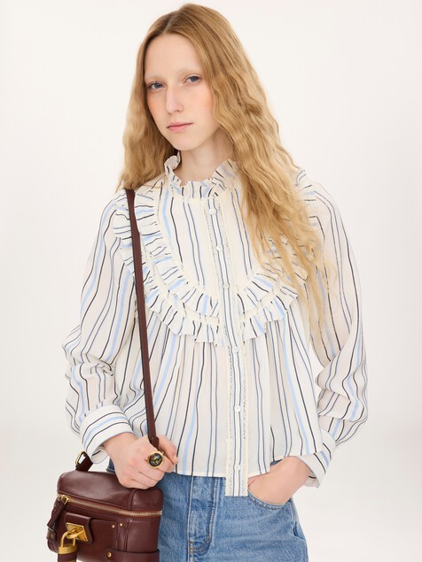 Ruffled blouse in silk jacquard & lace