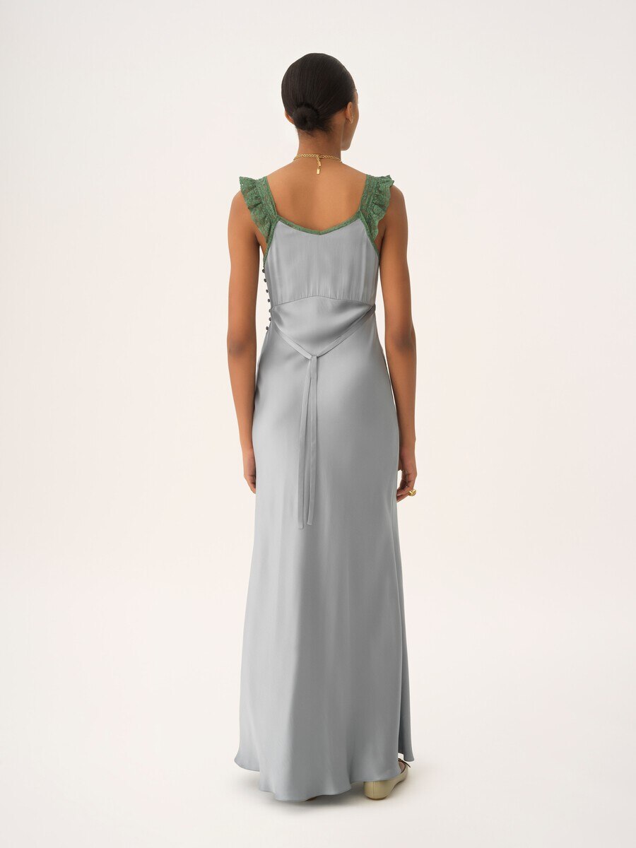 Sleeveless column dress in washed silk satin & lace - 6
