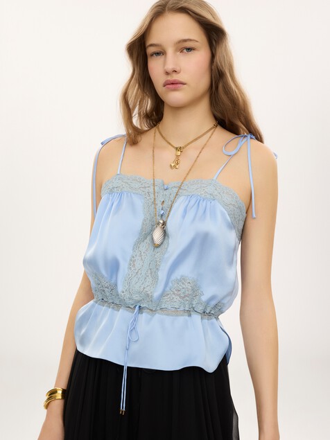 Drawstring camisole top in washed silk satin & lace