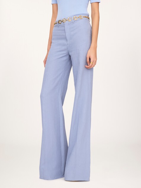 Flared high-rise trousers in linen cr&ecirc;pe