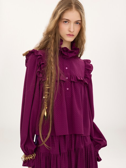 Ruffled high-neck top in silk jacquard