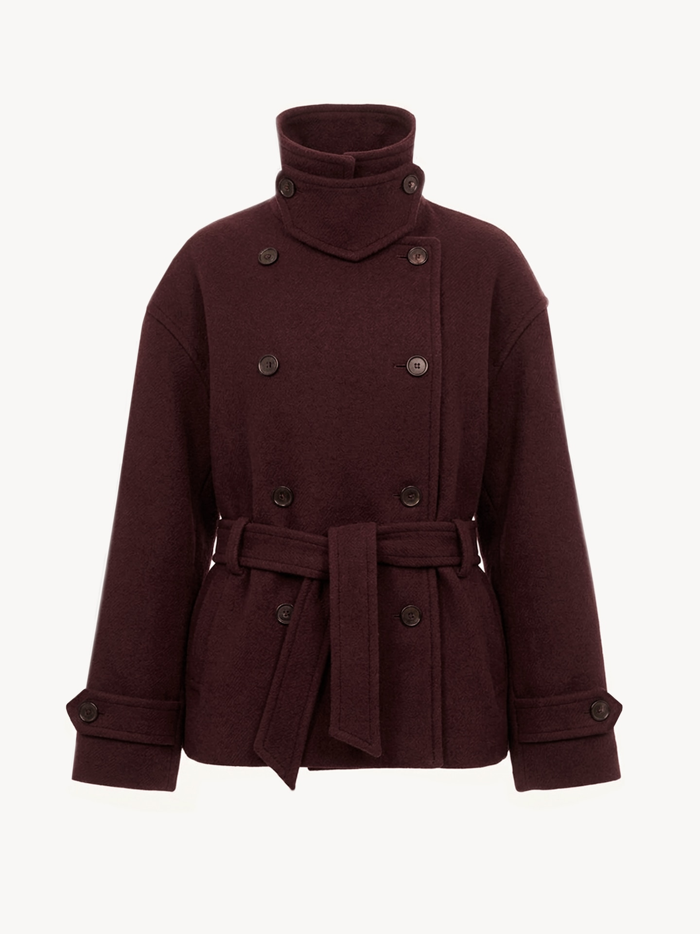 High-neck short cape coat in washed double-face wool - 1