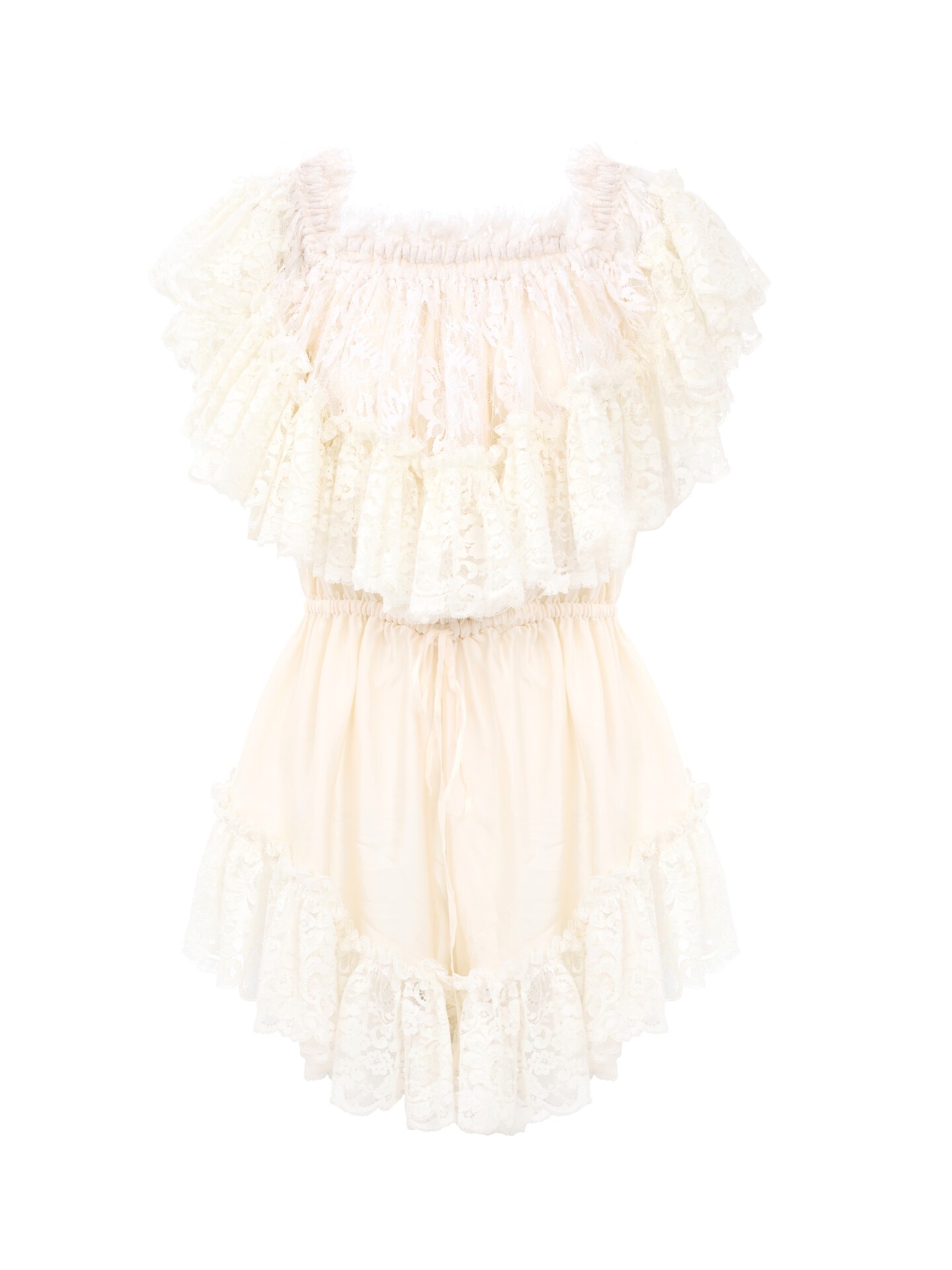 Off-the-shoulder mini jumpsuit in washed silk satin & lace White