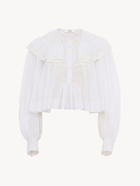 Cropped ruffled top in cotton voile & lace