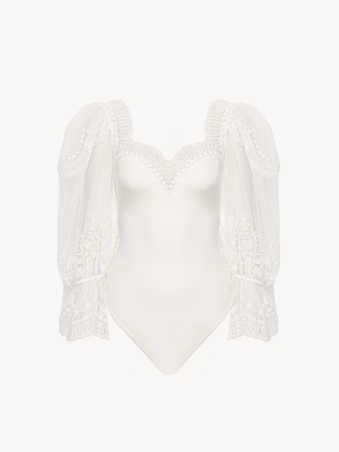 Body manches bouffantes en jersey stretch brillant et dentelle - 1