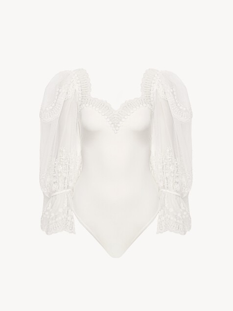 Body manches bouffantes en jersey stretch brillant et dentelle