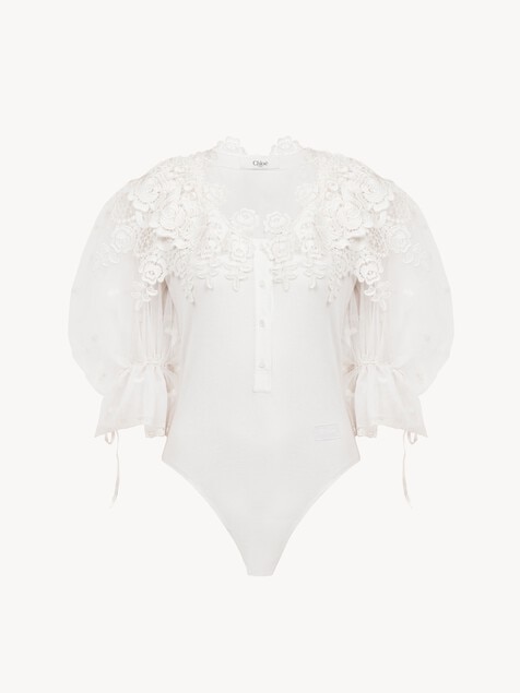 Puff-sleeve bodysuit in guipure lace cotton mix