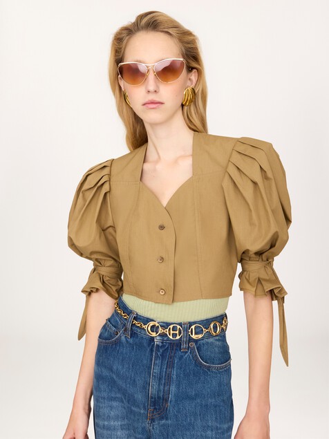Puff-sleeve cropped top in cotton poplin