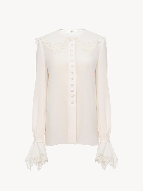 Fluid blouse in cr&ecirc;pe de chine & lace