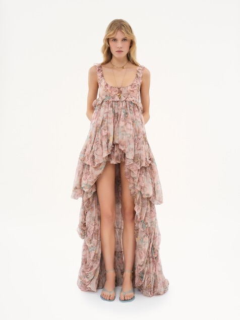 Vestido de volantes irregular de muselina de seda