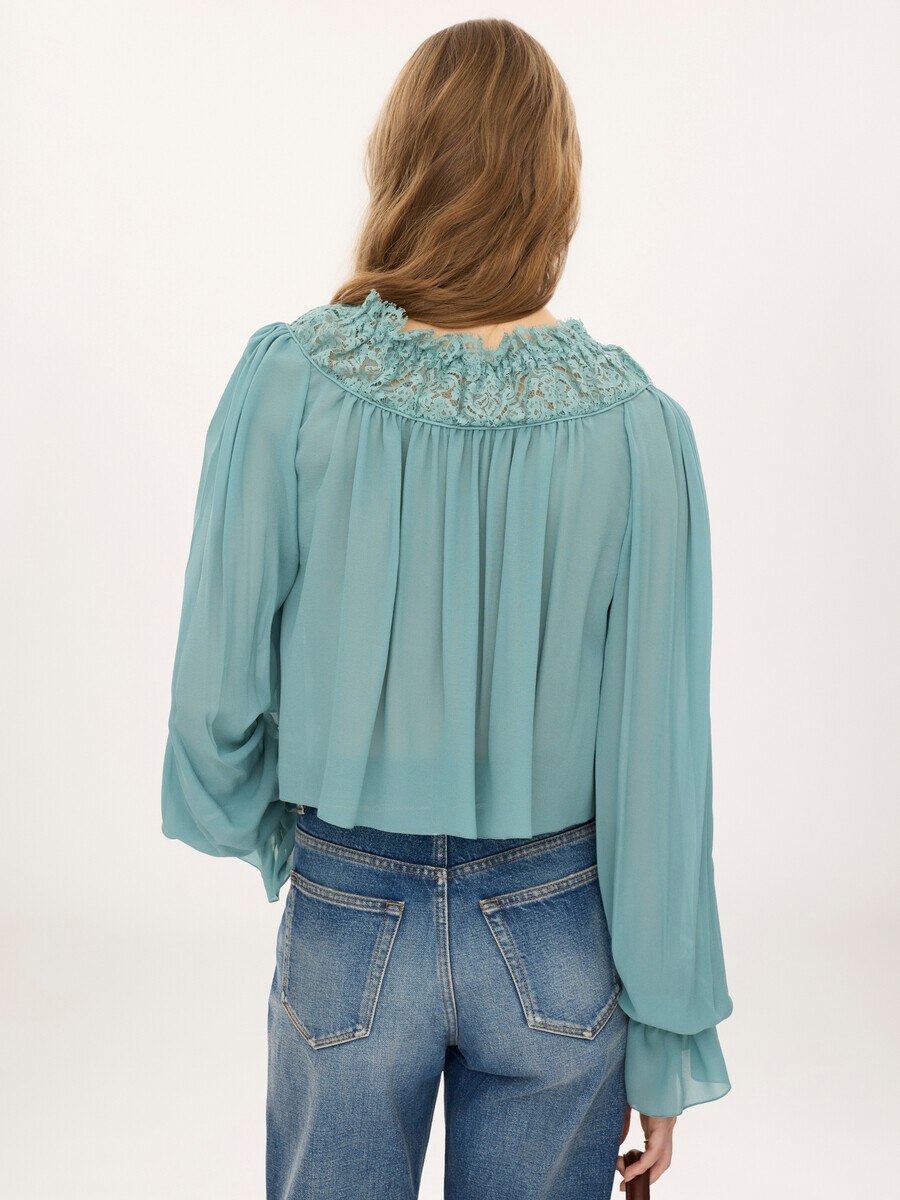Scoop-neck cropped top in silk georgette & lace - 6
