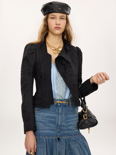 Veste ajust&eacute;e en soie jacquard m&eacute;lang&eacute;e et dentelle