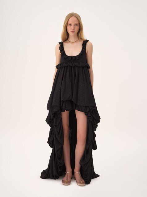 High-low sleeveless dress in silk georgette jacquard & lurex