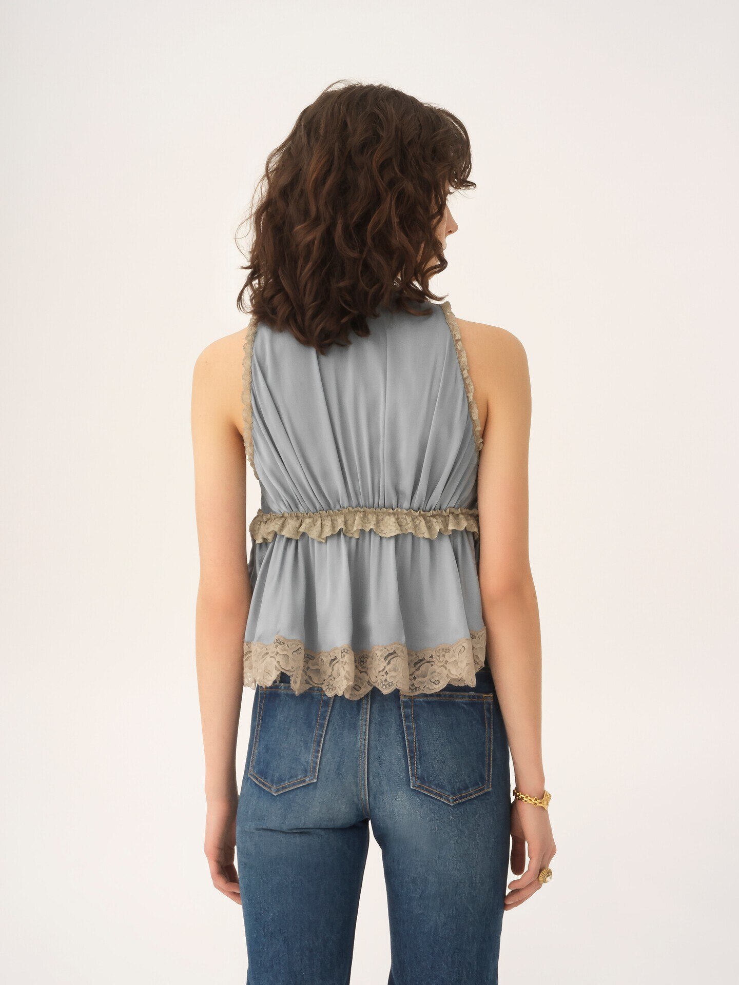 Tie-front sleeveless top in washed silk satin & lace - 5