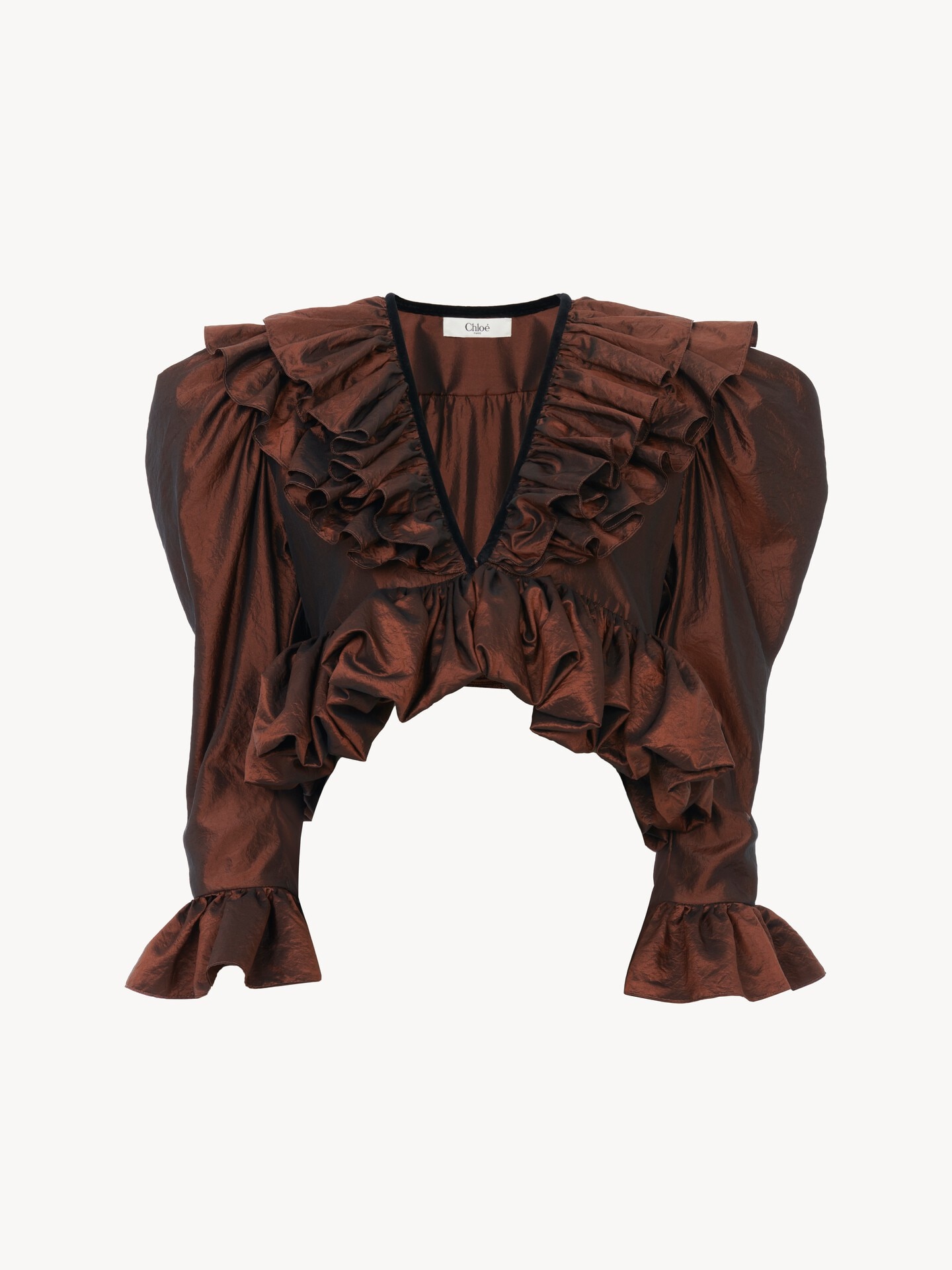 Cropped V-neck ruffle top in washed silk taffeta - 1