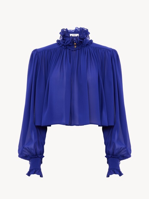 Top oversize fronc&eacute; col montant en georgette de soie