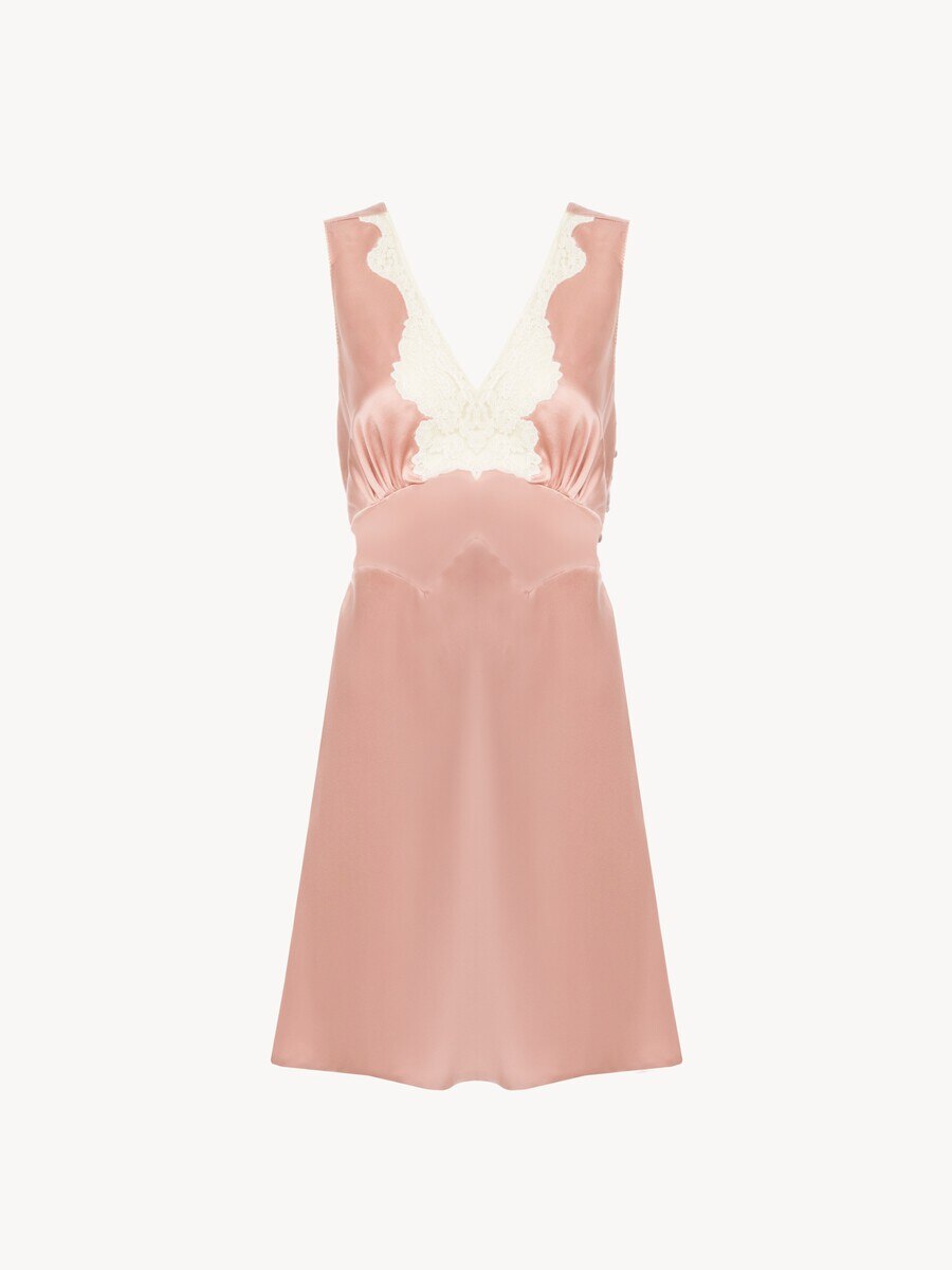 Sleeveless mini dress in washed silk satin & lace - 2