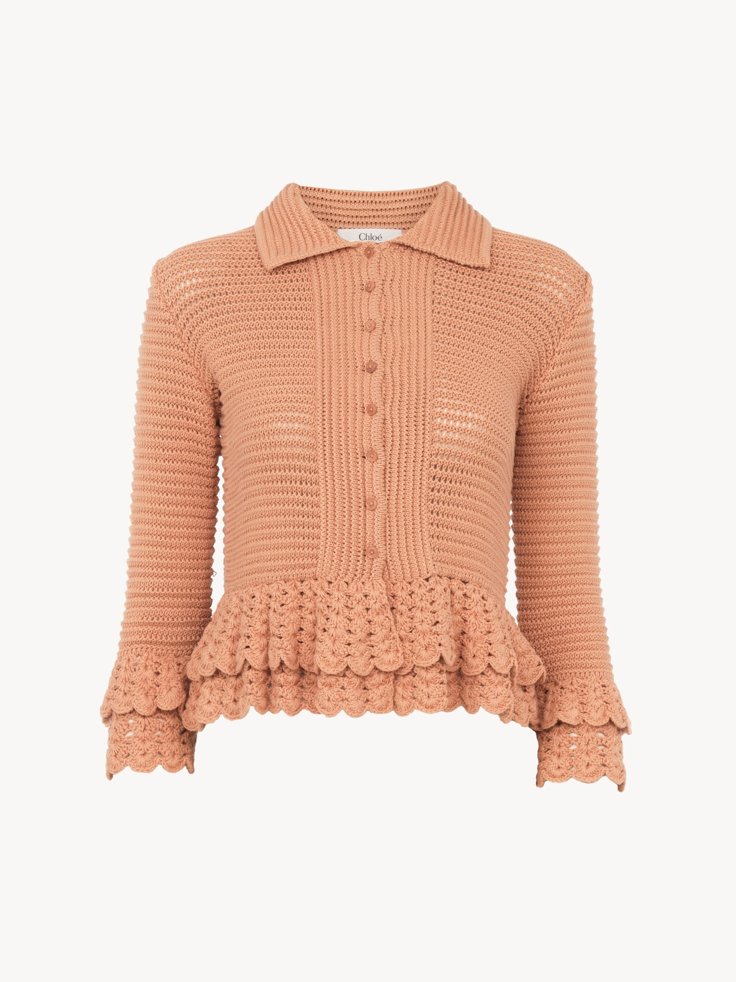 Chloe カーディガン Fitted ruffled cardigan in crochet knit Beige - Chloé