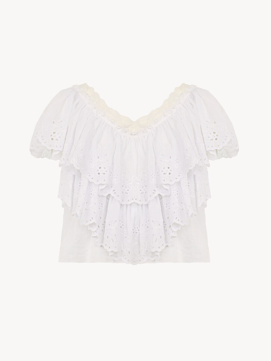 Cropped V-neck ruffle top in cotton voile & lace - 2