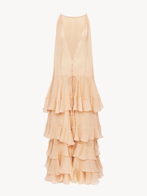 Abito maxi a balze in georgette di seta