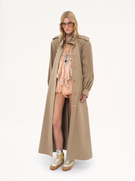 Trench long col montant en gabardine de coton