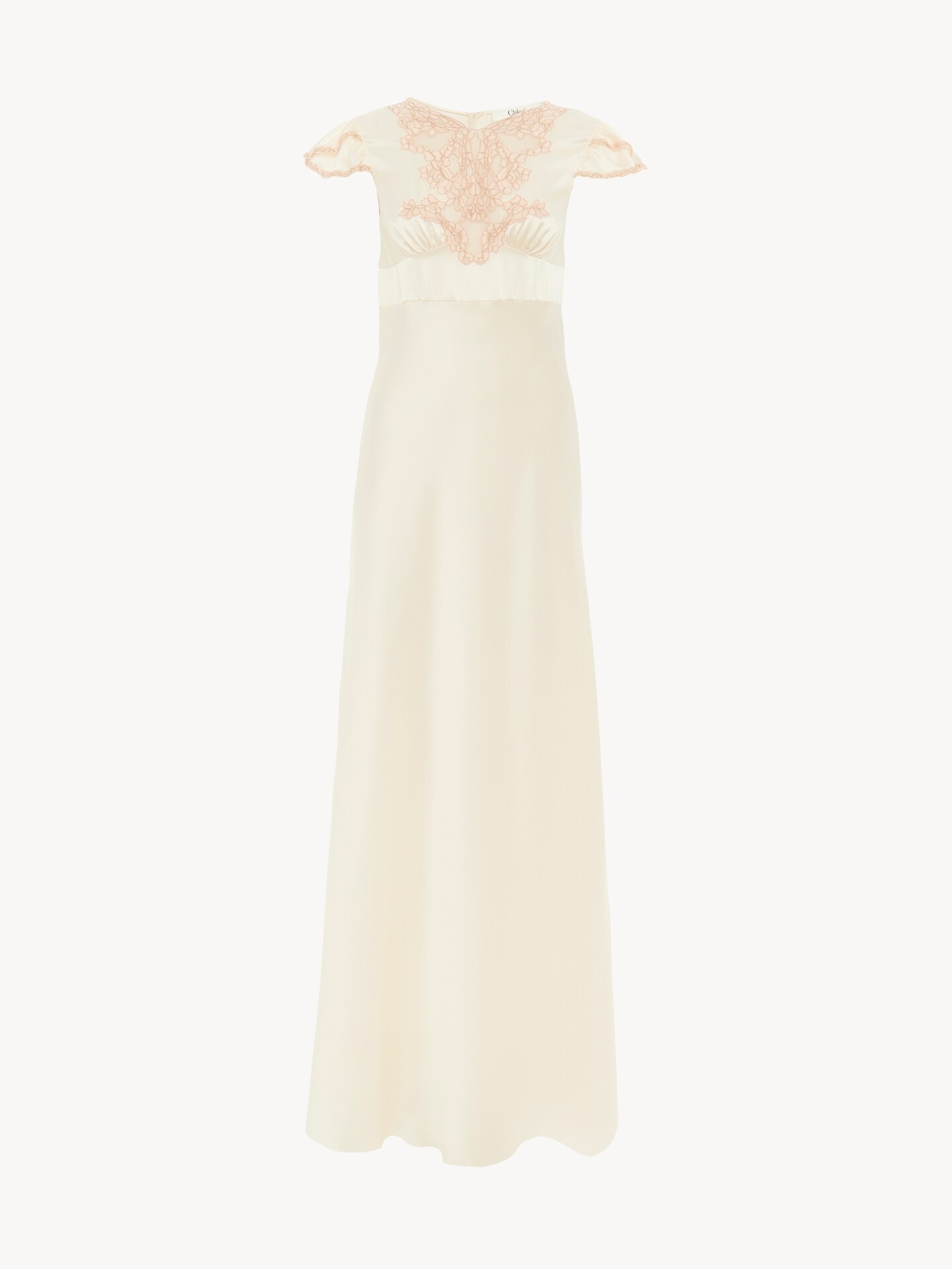 Cap-sleeve column dress in washed silk satin & lace - 2