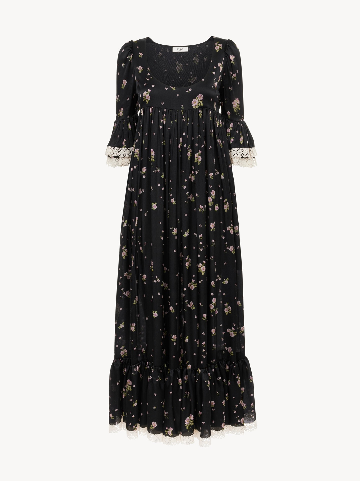 Vestido midi con cuello redondo de seda charmeuse y encaje - 2