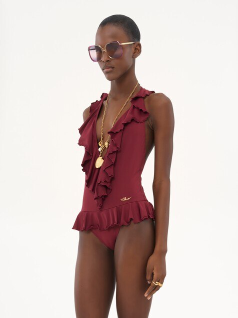 Ruffled V-neck one-piece swimsuit