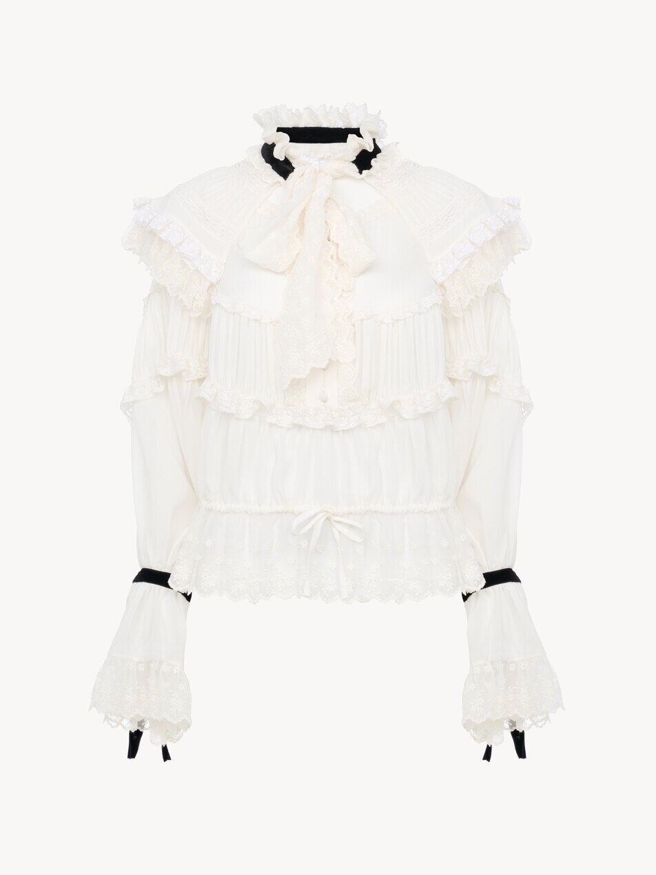 Tie-front ruffle top in silk mousseline & lace