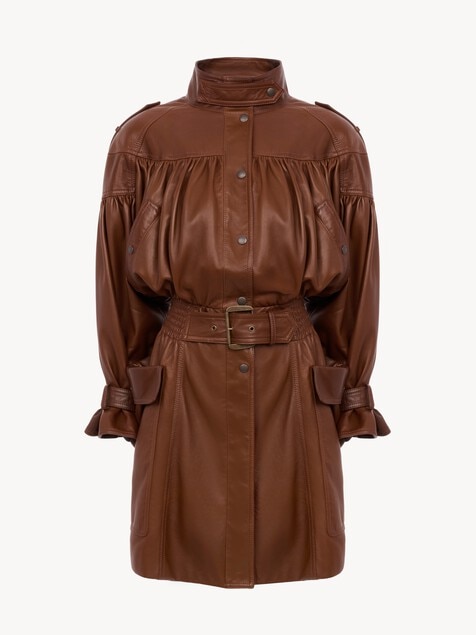 High-neck puff-sleeve leather coat