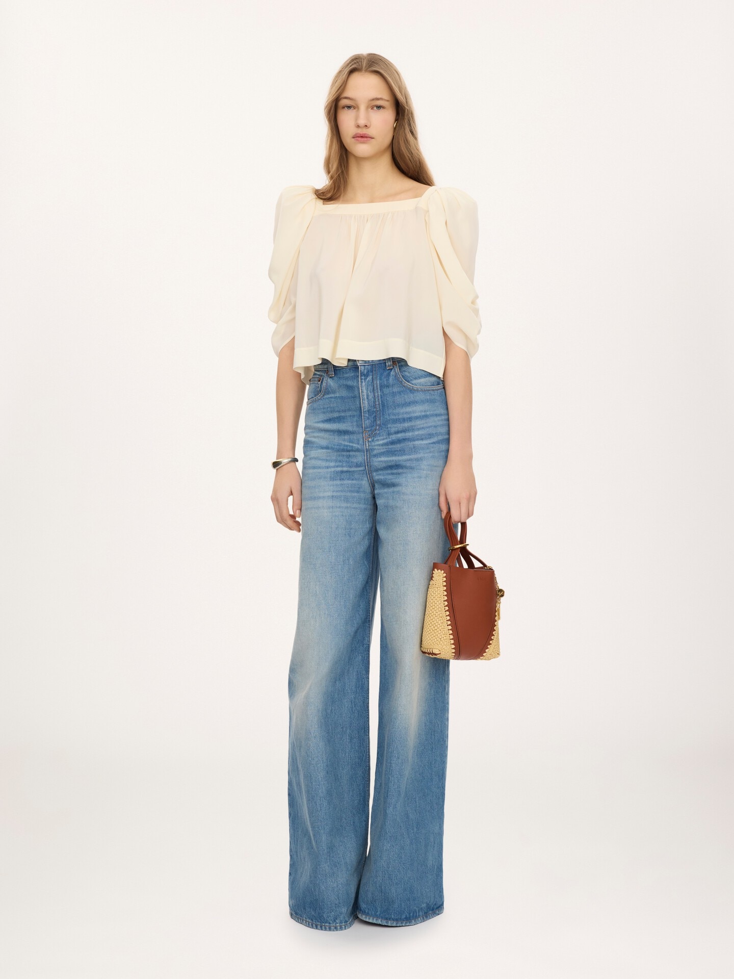 Small Chlo&eacute; Spin tote bag in raffia-effect & leather - 7.0