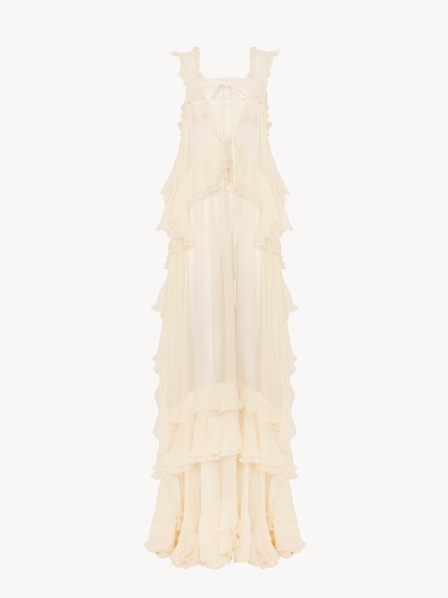 Sleeveless layered long dress in silk mousseline & lace - 2