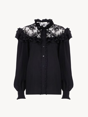 Blouse col montant &agrave; volants en cr&ecirc;pe de chine et dentelle - 1