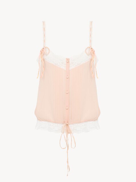 Drawstring camisole top in silk georgette & lace