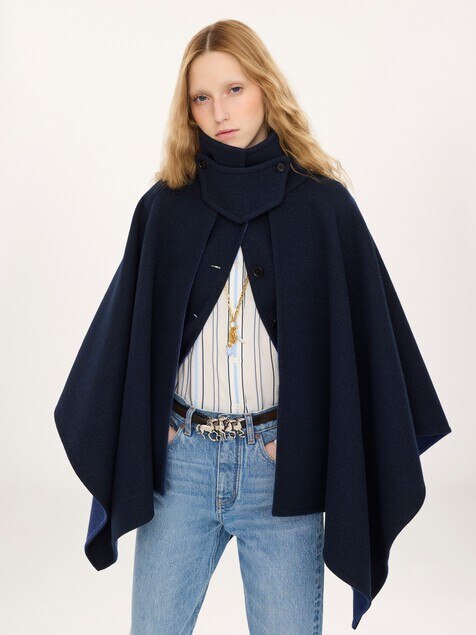 High-neck short cape coat in washed double-face wool