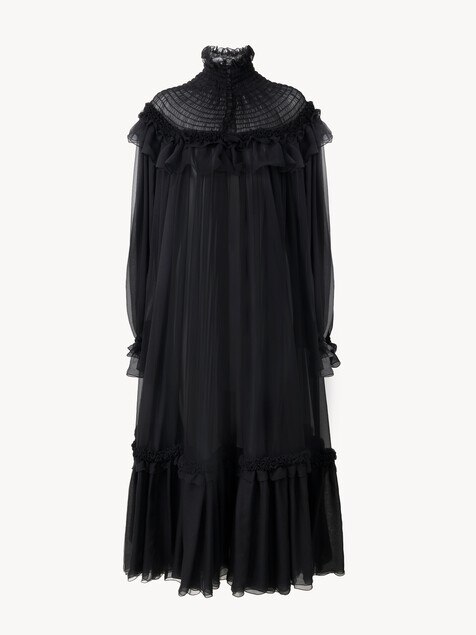 High-neck ruffled midi dress in silk mousseline