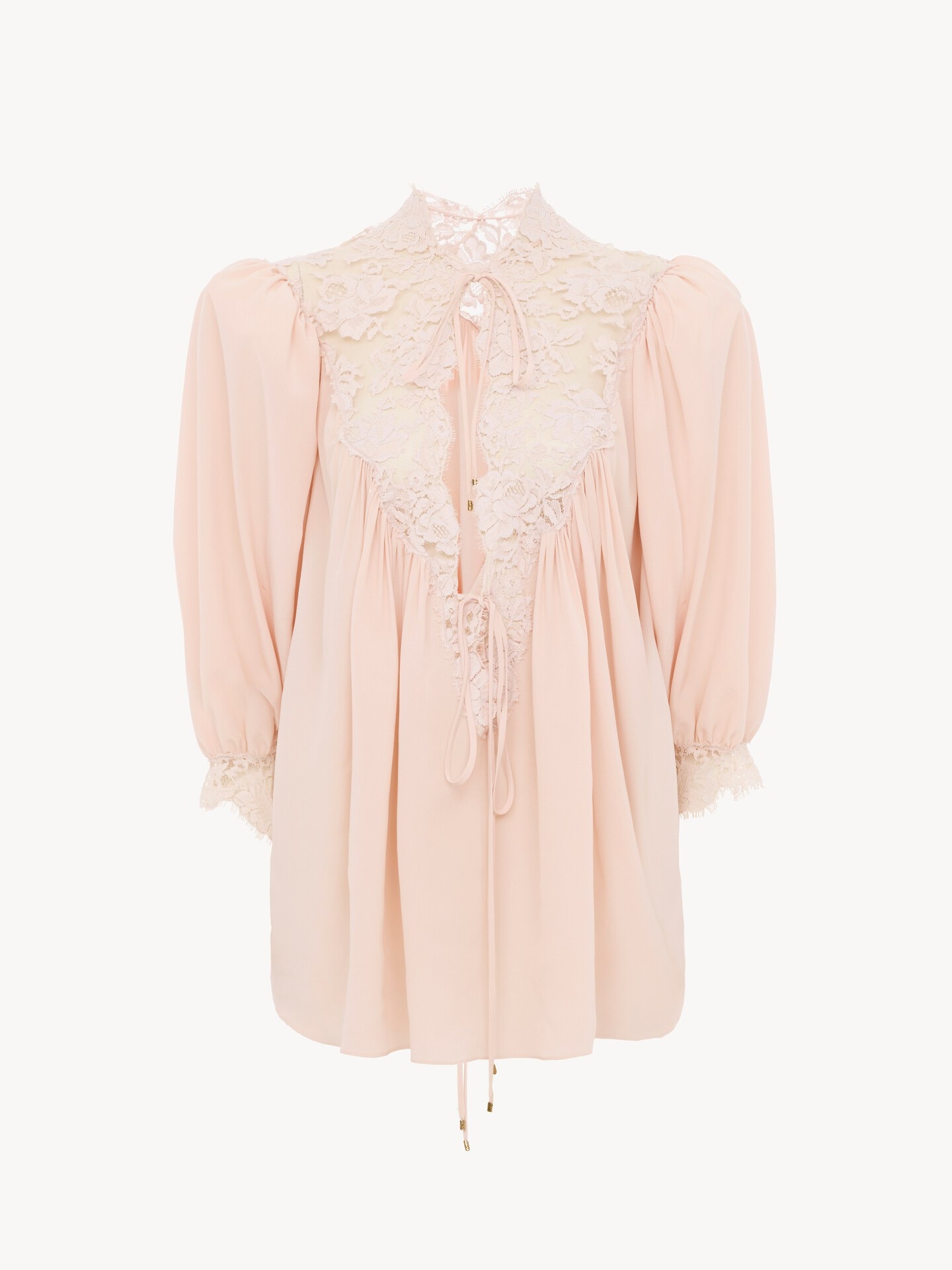 Fluid puff-sleeve top in cr&ecirc;pe de chine & lace - 2