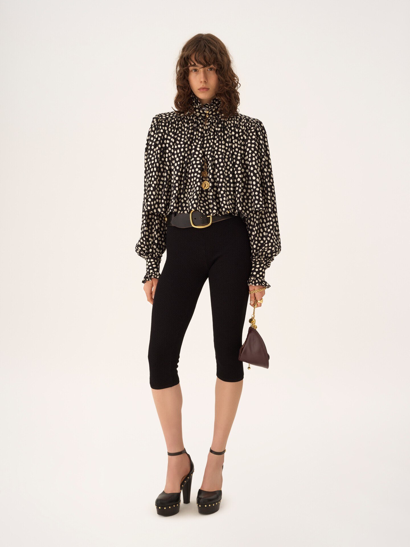 Top oversize fronc&eacute; col montant en soie jacquard - 3