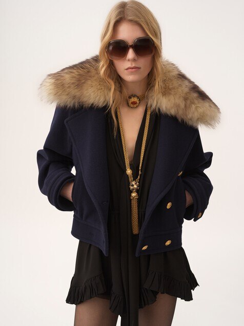 Short boxy double-breasted coat in wool