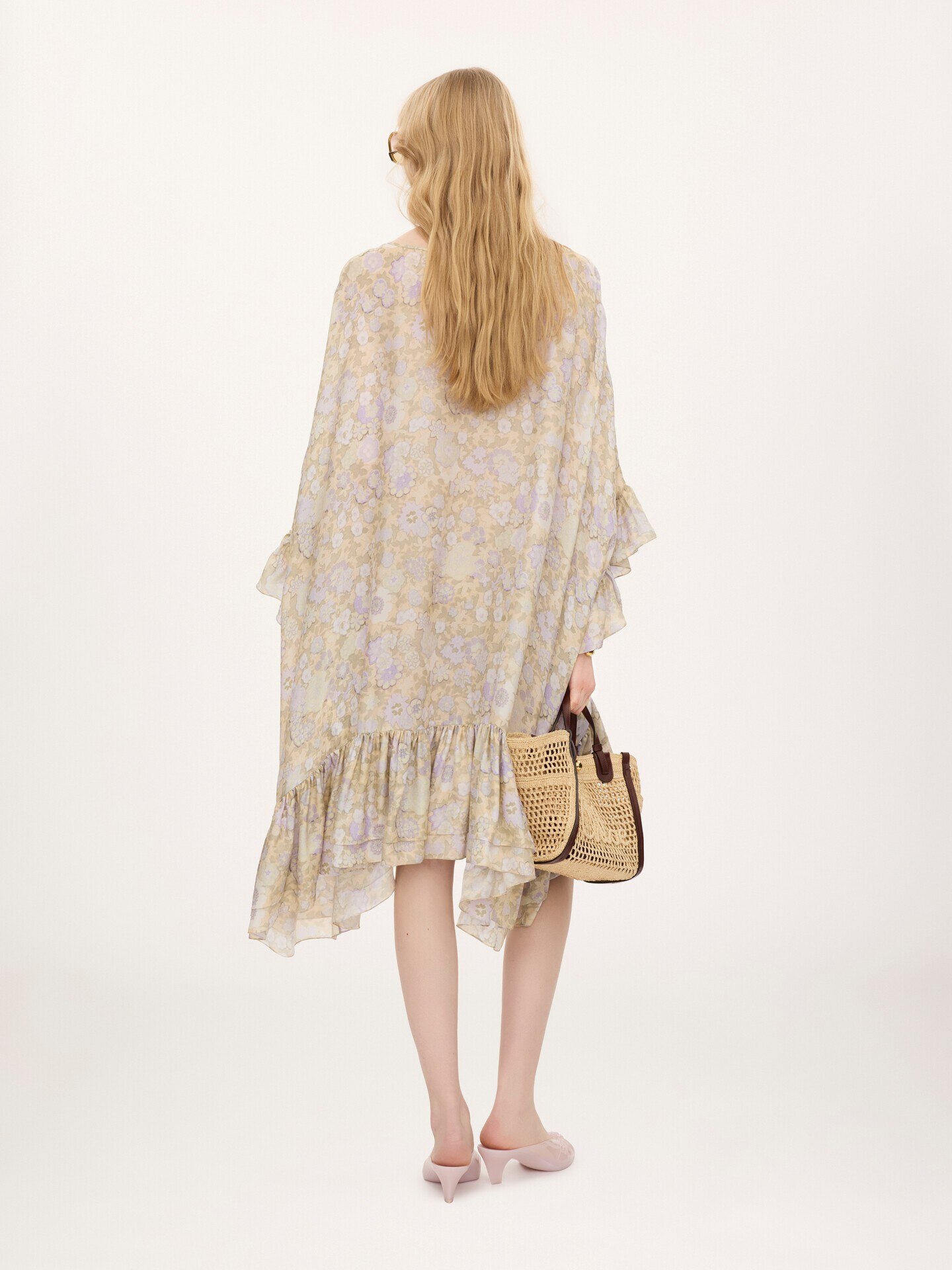Robe caftan mi-longue &agrave; volants en charmeuse de soie - 5.0