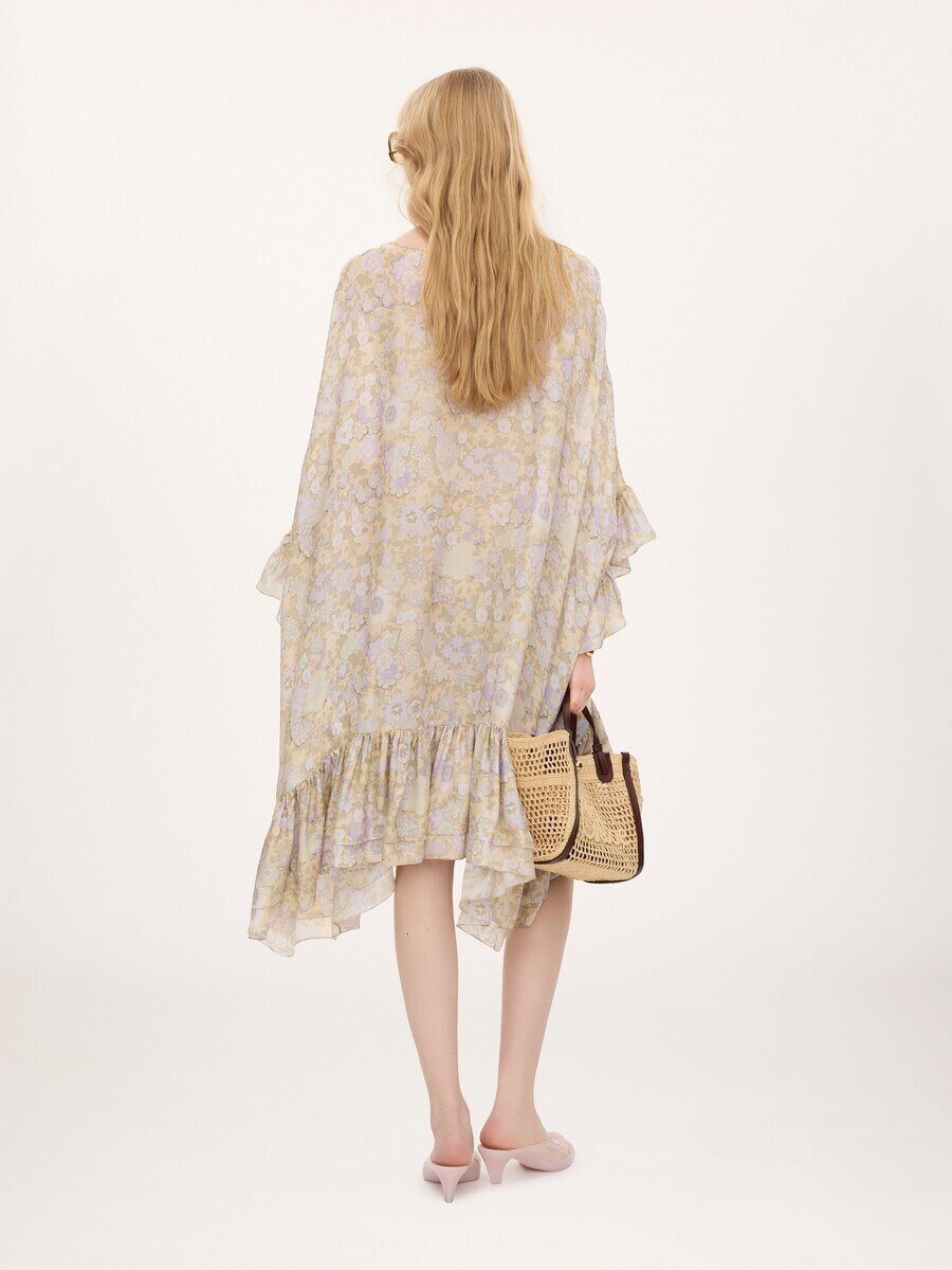 Robe caftan mi-longue &agrave; volants en charmeuse de soie - 5