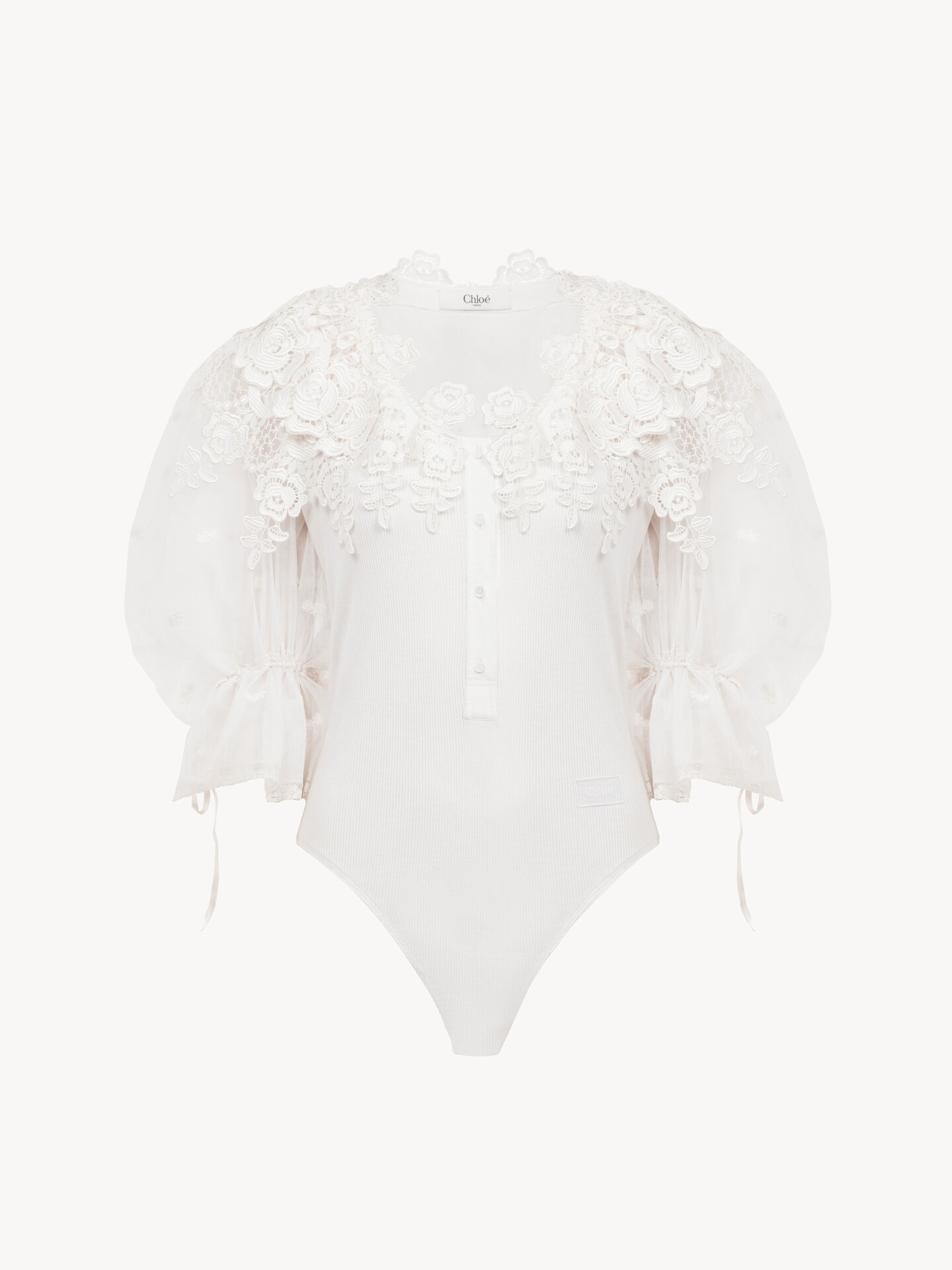 Puff-sleeve bodysuit in guipure lace cotton mix - 2