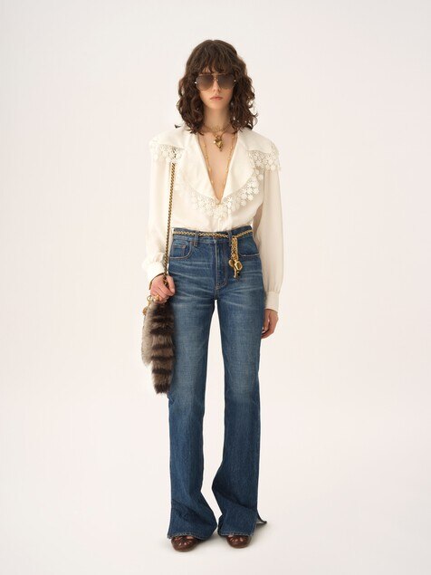 Maxi-collar blouse in silk jacquard & lace